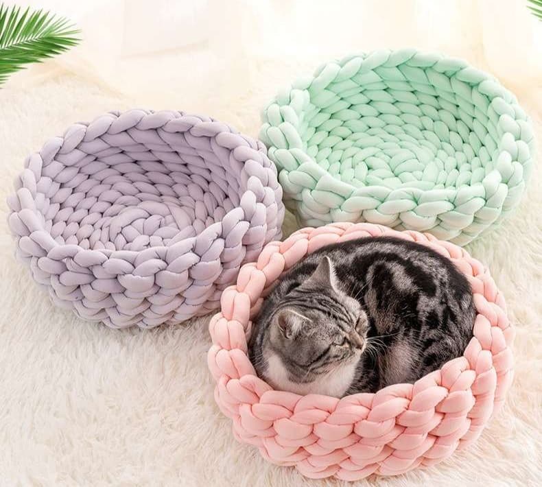 ペットマット 猫用 もこもこ編み込みまるベッド