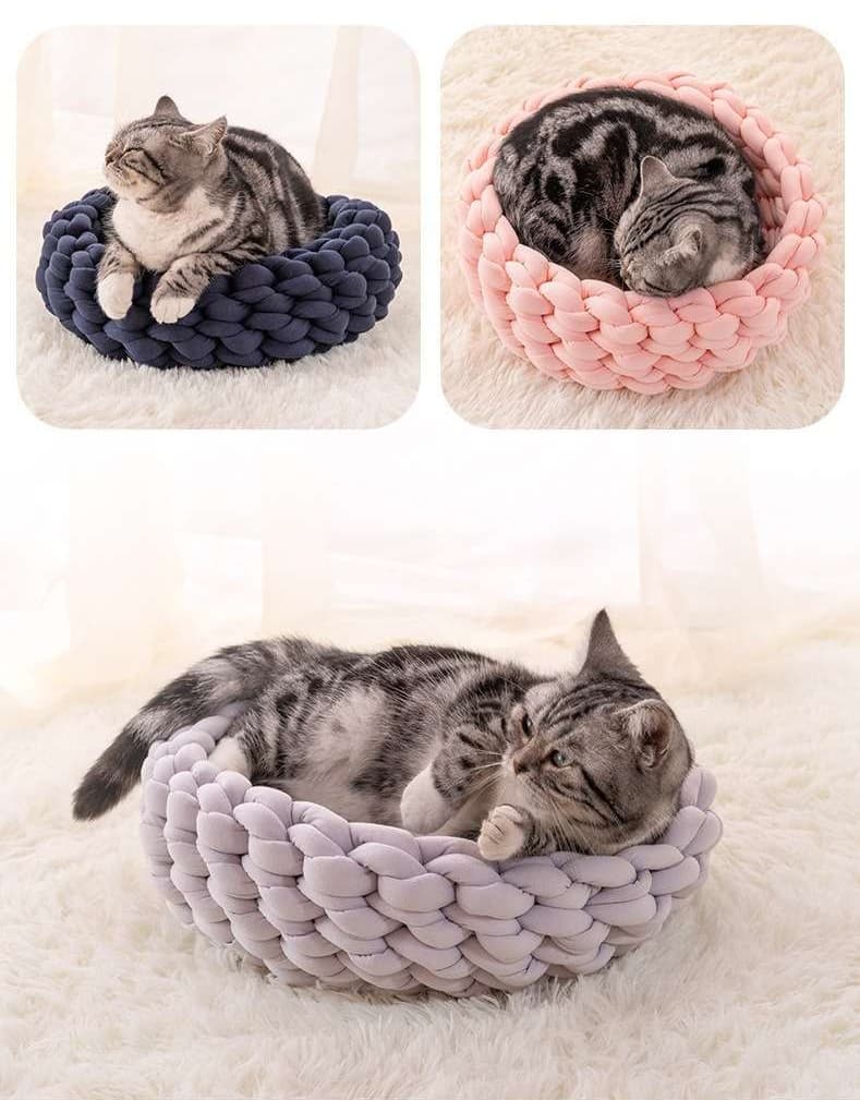 ペットマット 猫用 もこもこ編み込みまるベッド