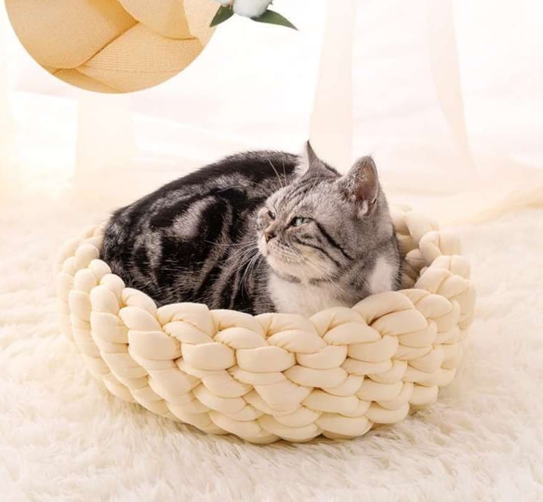 ペットマット 猫用 もこもこ編み込みまるベッド