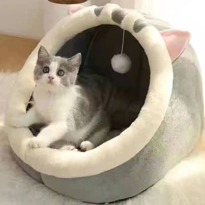 ペットマット 猫用 もこもこ耳付きドーム型ペットハウス