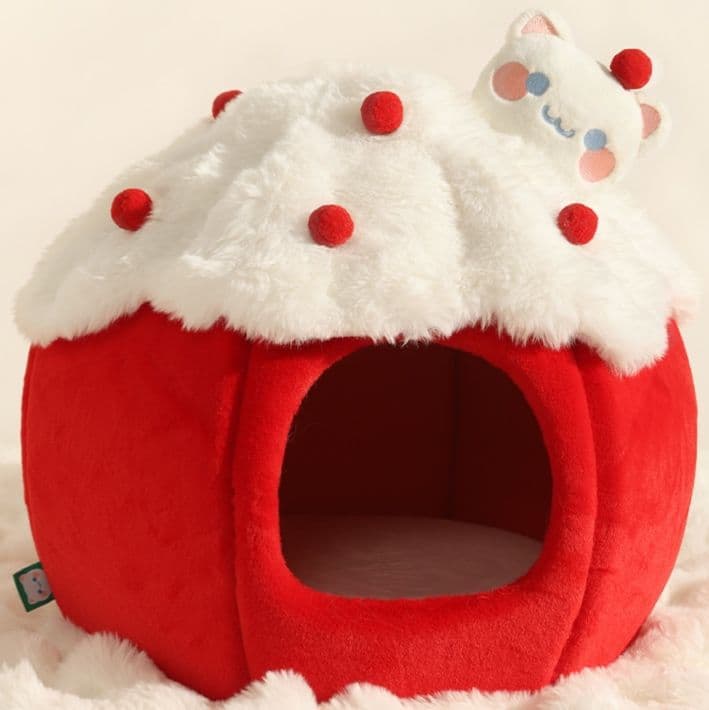 ペットマット 猫用 ふわふわ苺ケーキ型隠れ家ベッド