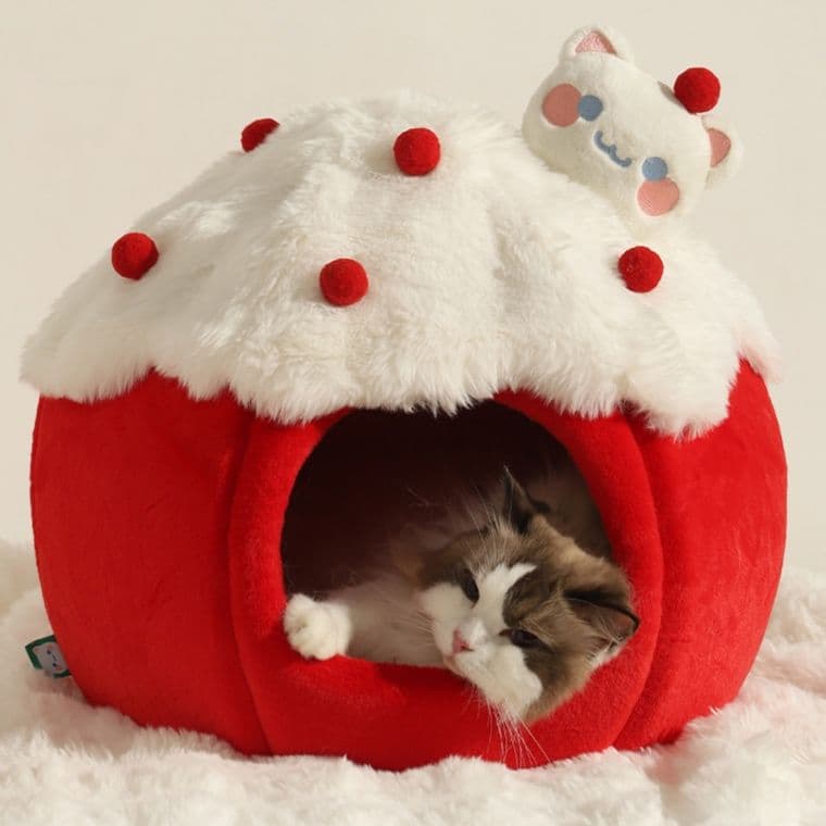 ペットマット 猫用 ふわふわ苺ケーキ型隠れ家ベッド