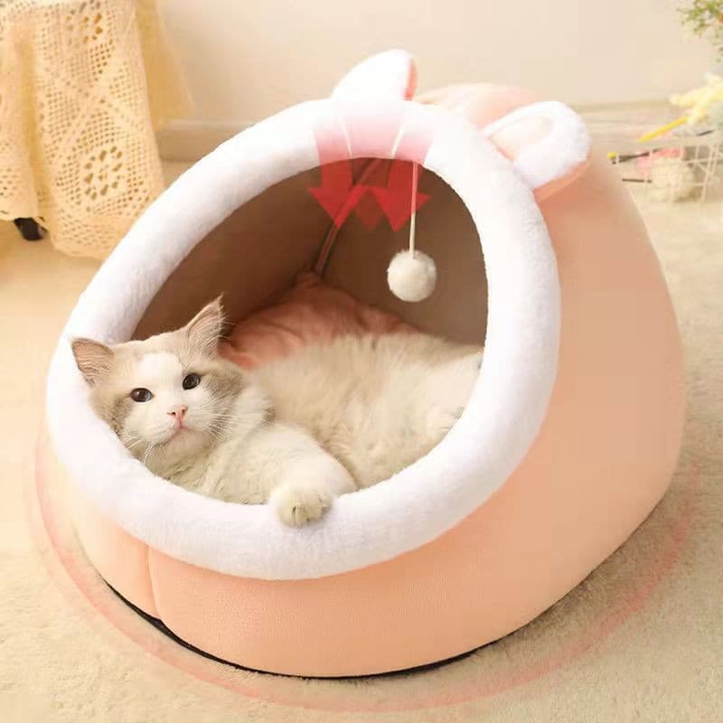 ペットマット 猫用 もこもこ耳付きドーム型ペットハウス